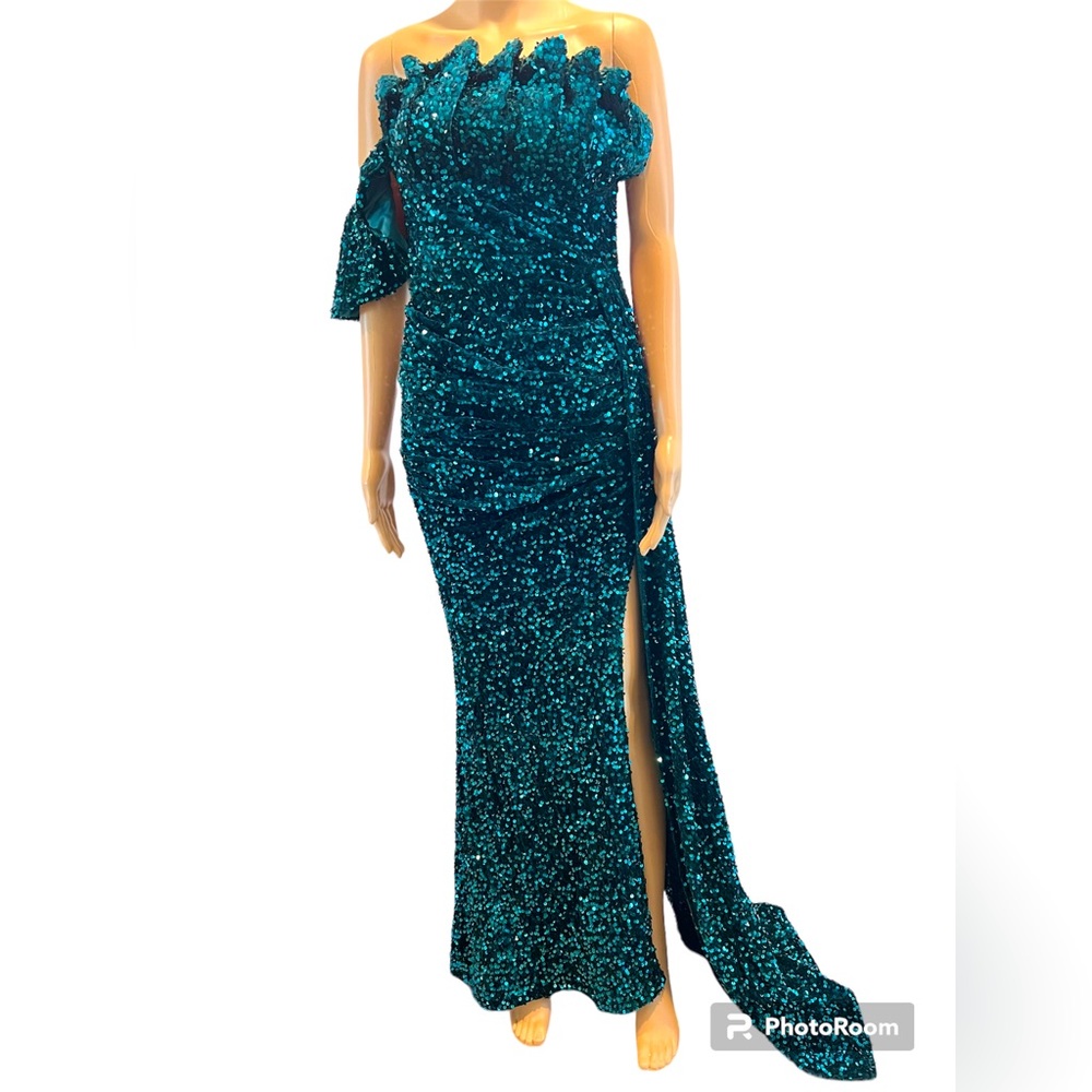 Ricarica Women's Velvet Sequins Strapless Maxi Formal Evening Dress Green Sz L